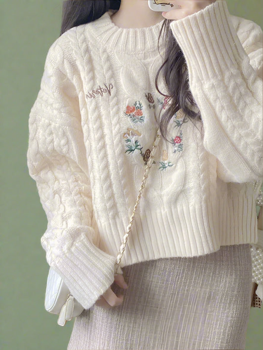 Cottagecore Floral Embroidered Cable Knit Sweater cottagecoreclothes