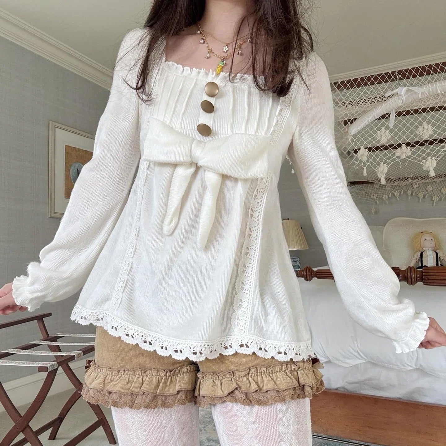 Mori Girl Lace-Trim Bow Babydoll Knit Top