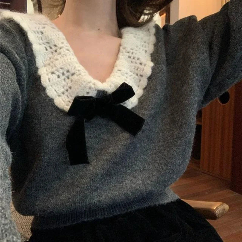 Vintage Charm Velvet Bow Knit Top