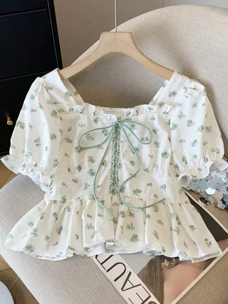 Fairycore Puff Sleeve Floral Blouse