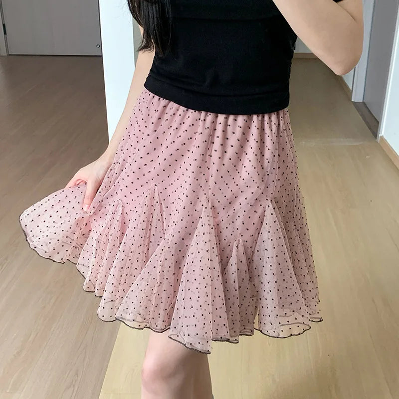 Retro Aesthetic Polka Dot Chiffon Ruffle Mini Skirt