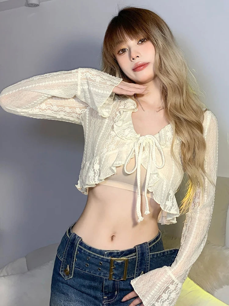 Fairycore Lace-Up Ruffle Crop Top