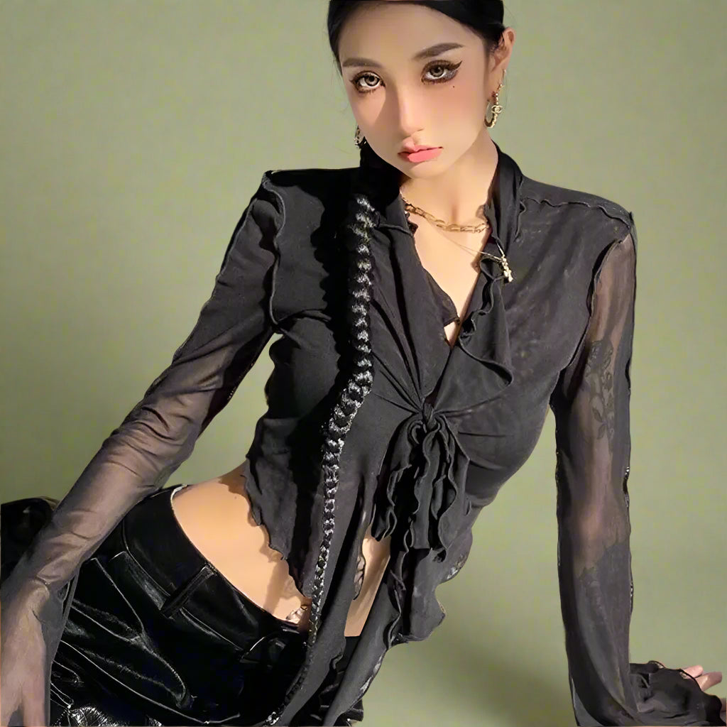 Fairycore Ruffled Tie-Front Sheer Blouse cottagecoreclothes