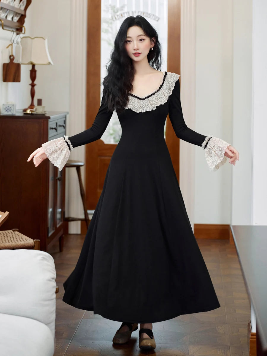 Dark Cottagecore Lace Collar Flare Sleeve Dress
