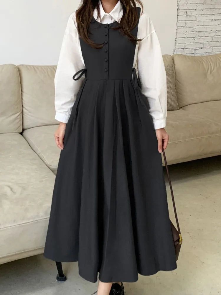 Mori Girl Button Front Layered Midi Dress