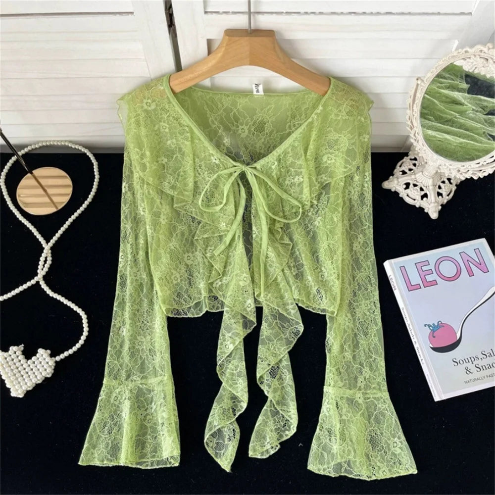 Fairycore Blush Lace Ribbon-Tie Blouse
