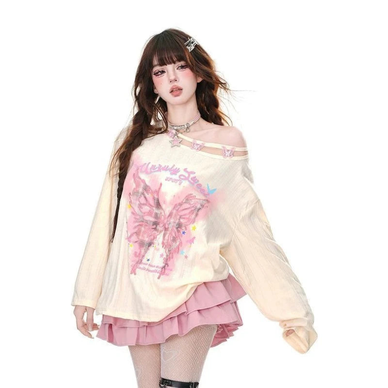 Fairycore Unbändiges Süßes Schmetterlings-Off-Shoulder-Oberteil