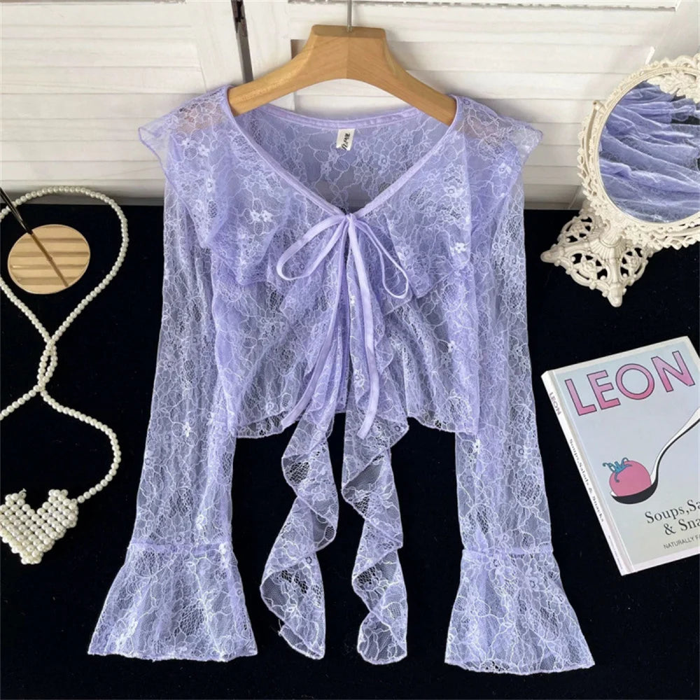 Fairycore Blush Lace Ribbon-Tie Blouse