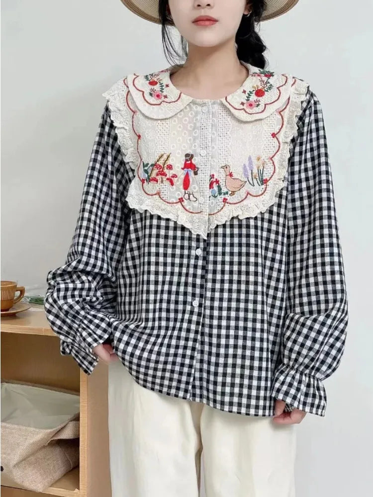 Mori Girl Folk Embroidery Checkered Shirt