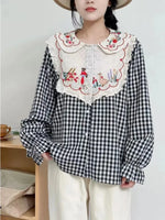 Mori Girl Folk Embroidery Checkered Shirt