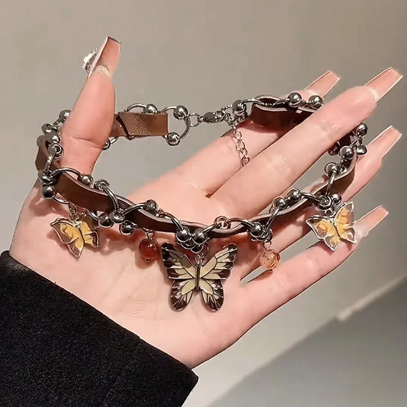 Fairycore Amber Wing Butterfly Charm Leather Necklace