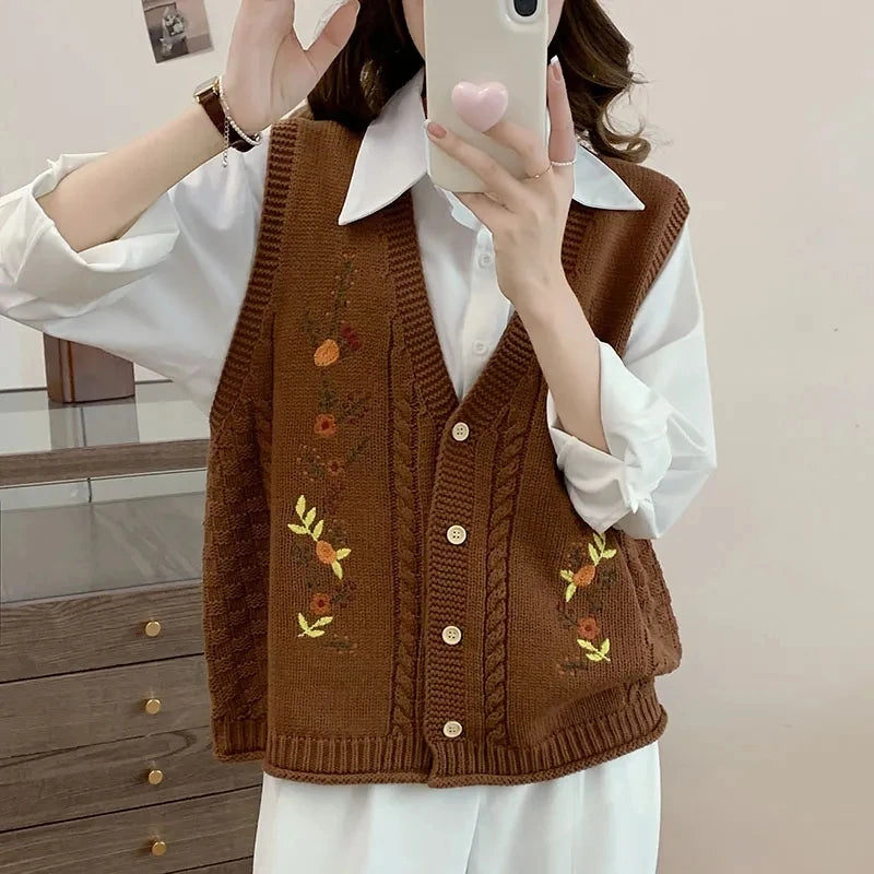 Cottagecore Autumn Harvest Embroidered Knit Vest