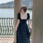 Vintage Plaid Puff Sleeve Midi Dress