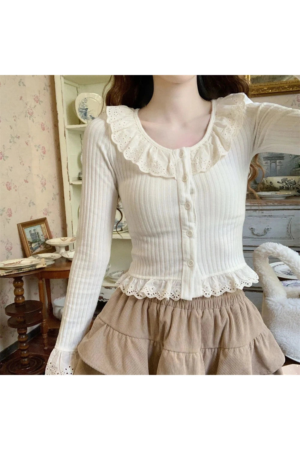 Vintage Ruffle Collar Knit Cardigan