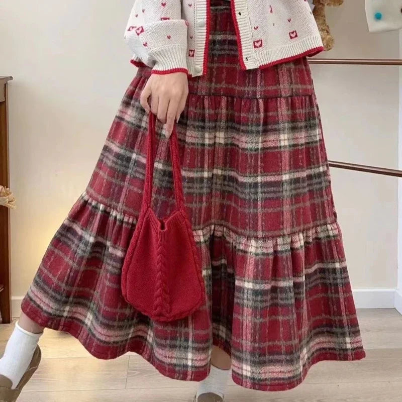 Mori Girl Red Plaid Tiered Skirt