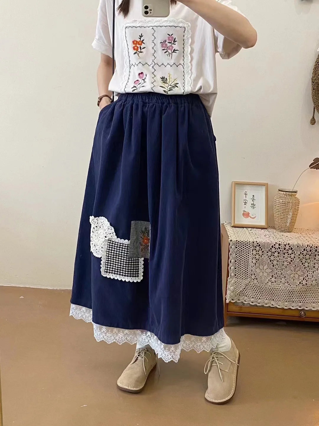 Mori Girl Patchwork Lace Hem Skirt cottagecoreclothes