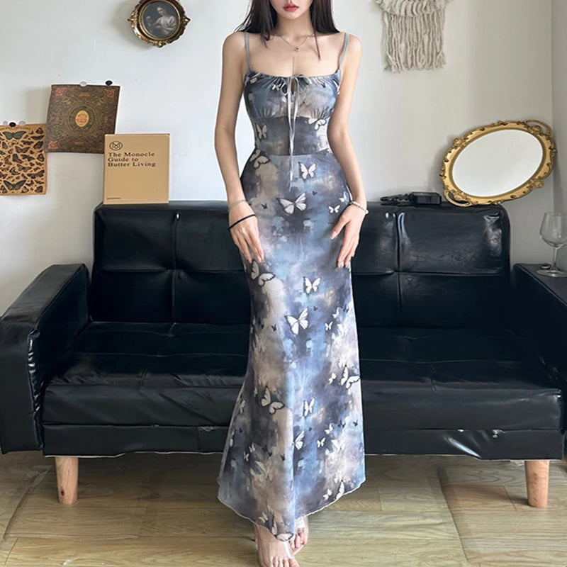 Fairycore Butterfly Print Bodycon Maxi Dress