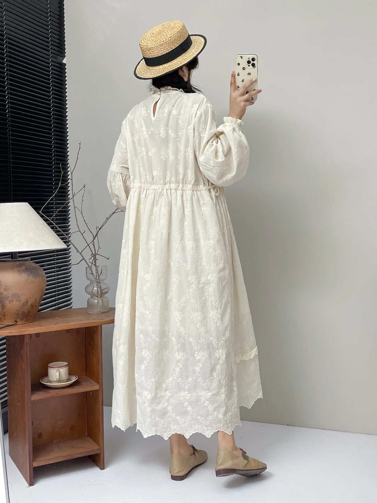 Mori Girl Ivory Embroidered Ruffle Midi Dress
