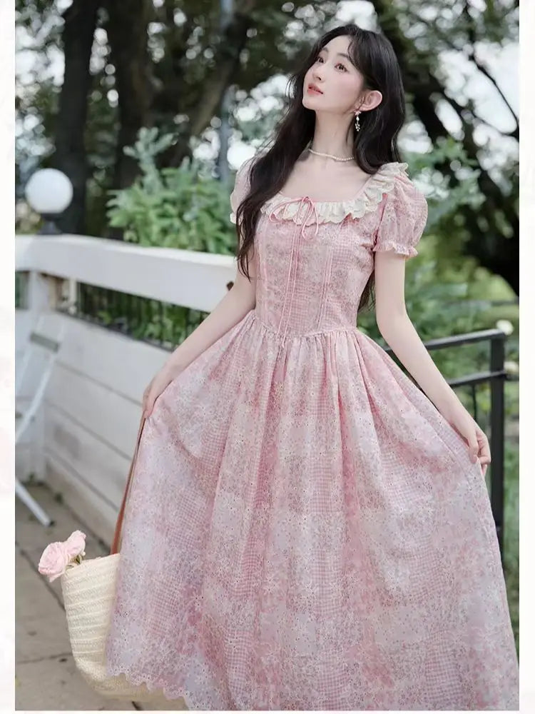 Fairycore Blush Gingham & Ditsy Floral Corset Dress – Сottagecore clothes