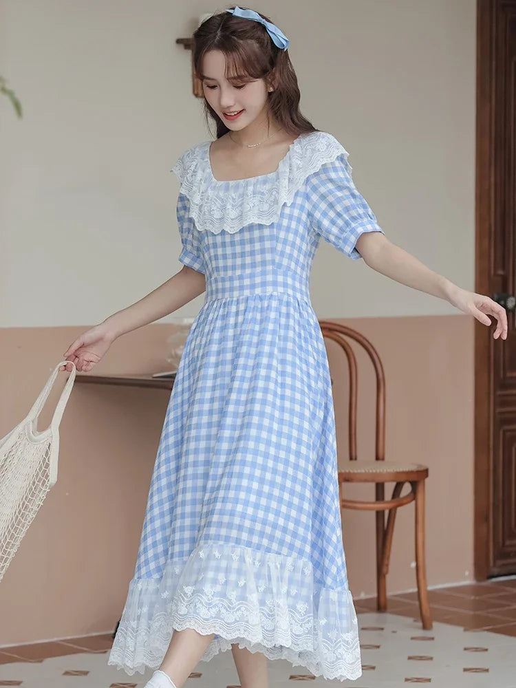 Cottagecore Plaid Lace Ruffle Midi Dress