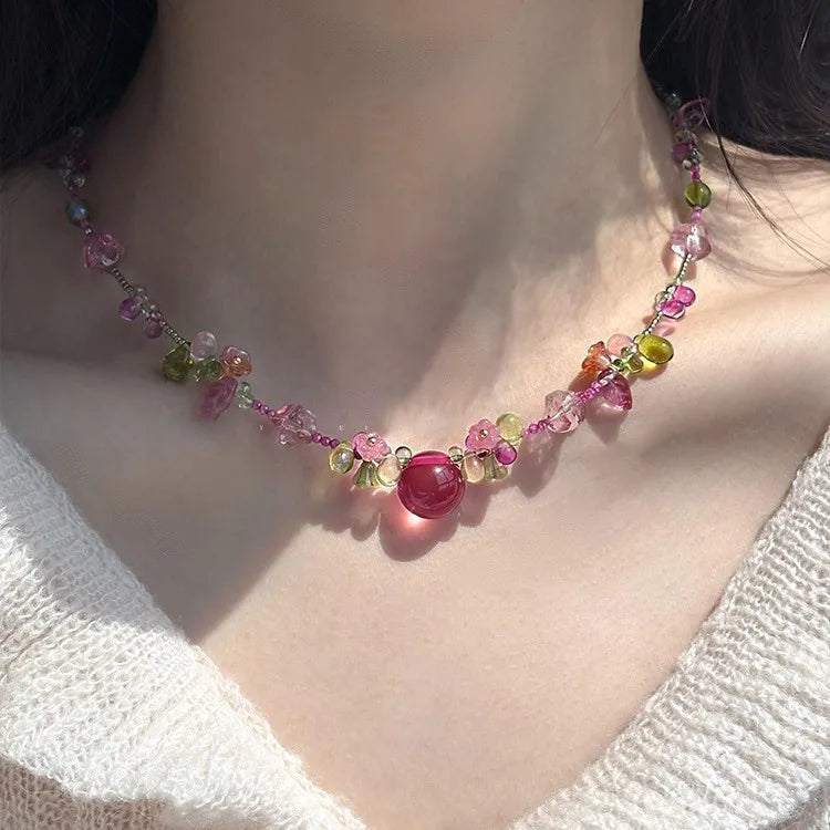 Pink Green Fairycore Beaded Necklace