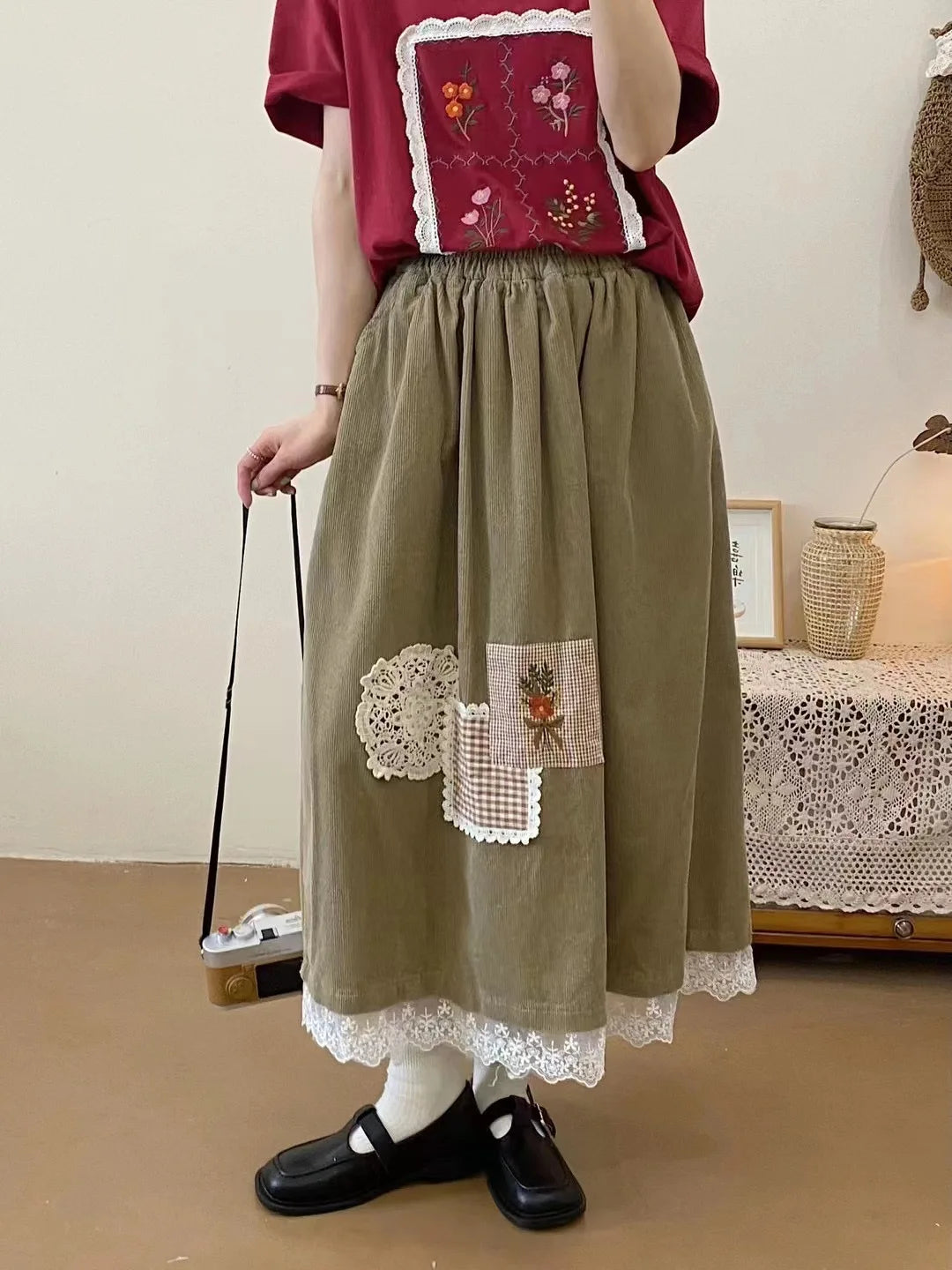 Mori Girl Patchwork Lace Hem Skirt cottagecoreclothes