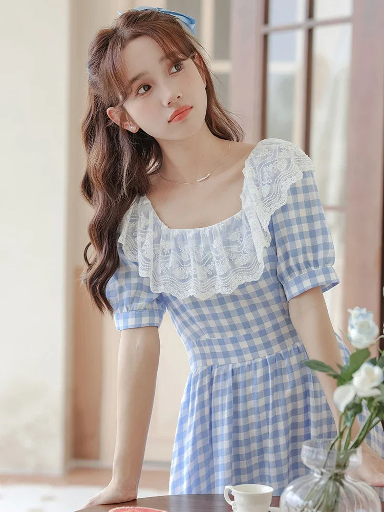 Cottagecore Plaid Lace Ruffle Midi Dress