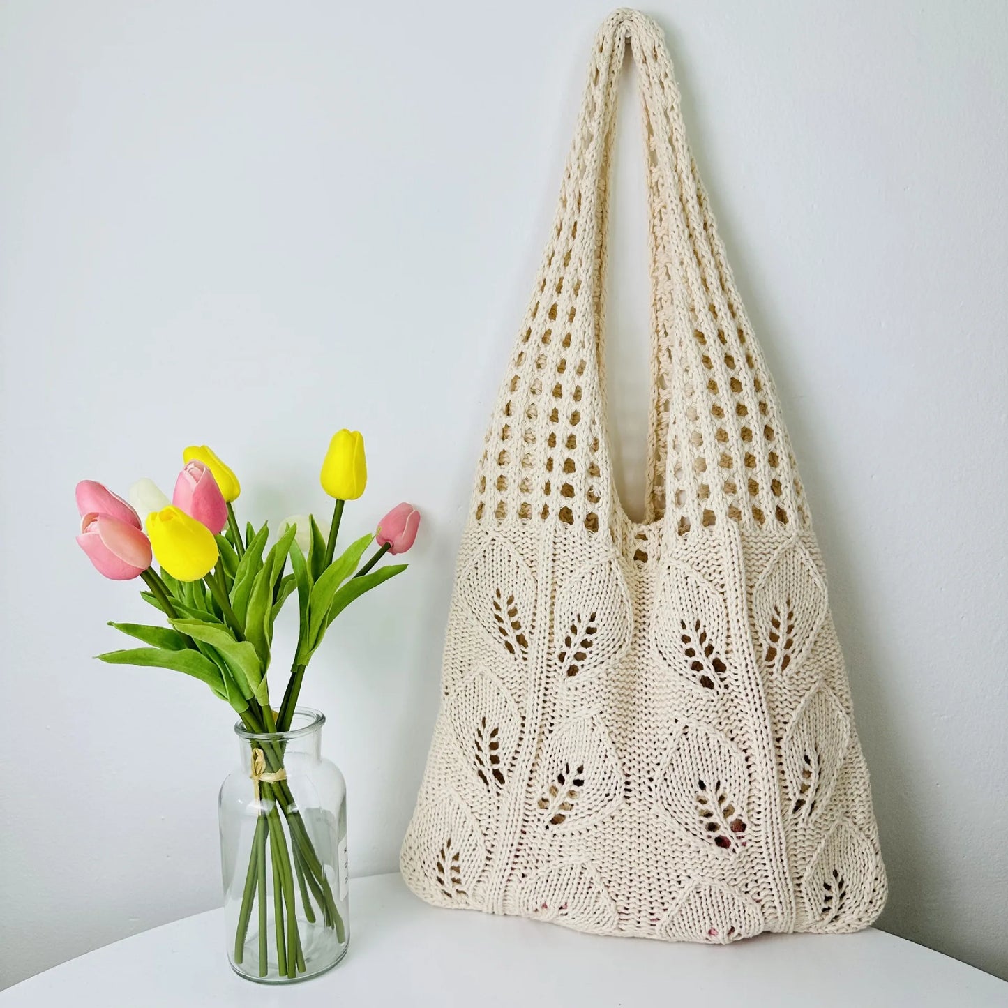 Cottagecore Leaf Lace Knit Hobo Bag