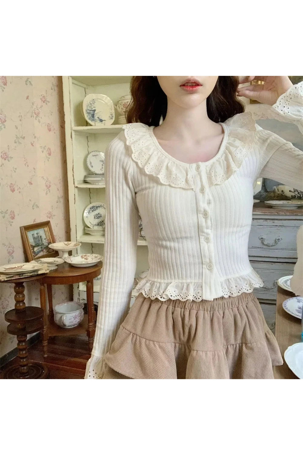 Vintage Ruffle Collar Knit Cardigan