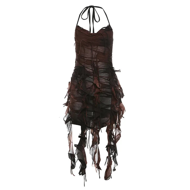 Fairy Grunge Shredded Ash Halter Mini Dress