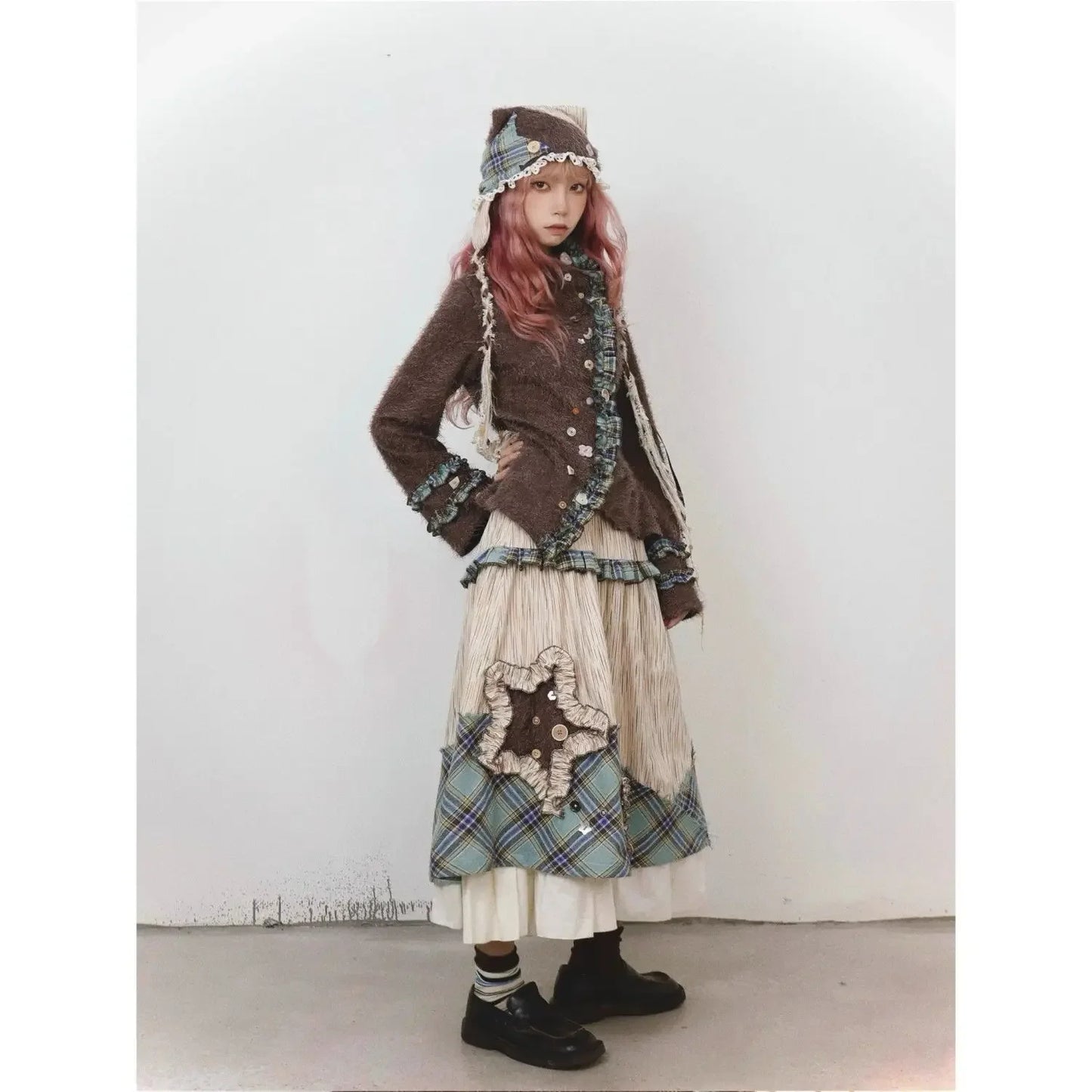 Goblincore Patchwork Plaid Ruffle Skirt