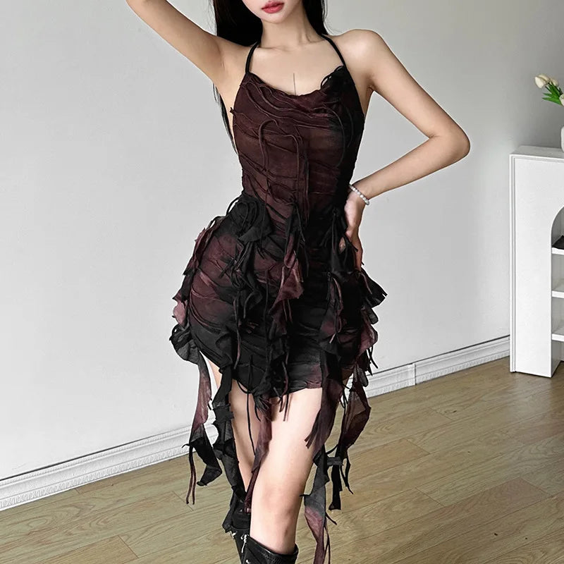 Fairy Grunge Shredded Ash Halter Mini Dress