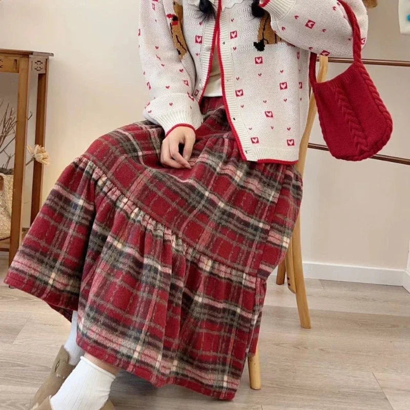 Mori Girl Red Plaid Tiered Skirt