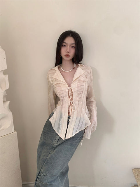 Fairycore Lace Up Long Sleeve Spring Blouse