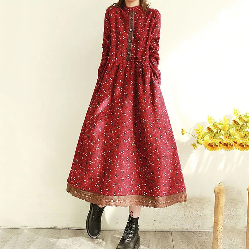 Mori Girl Polka Dot Button-Up Midi Dress