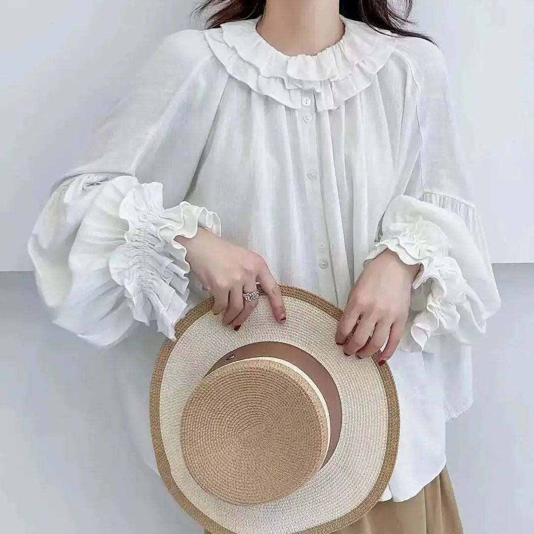 Mori Girl Gathered Ruffle Sleeve Blouse in Sage Linen