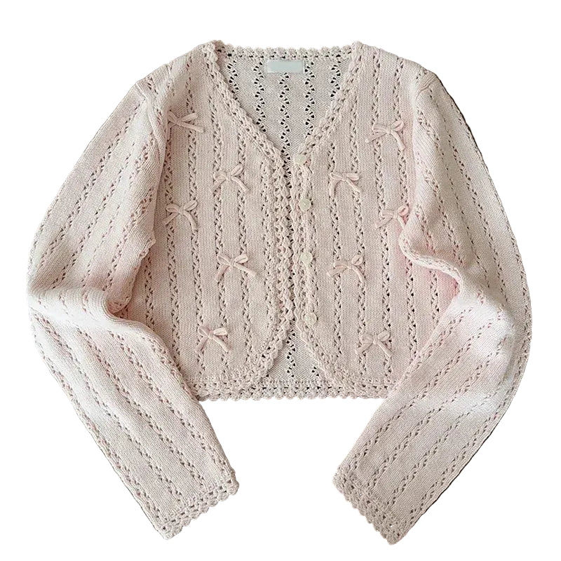 Fairycore Ribbon Bow Open-Knit Cropped Cardigan