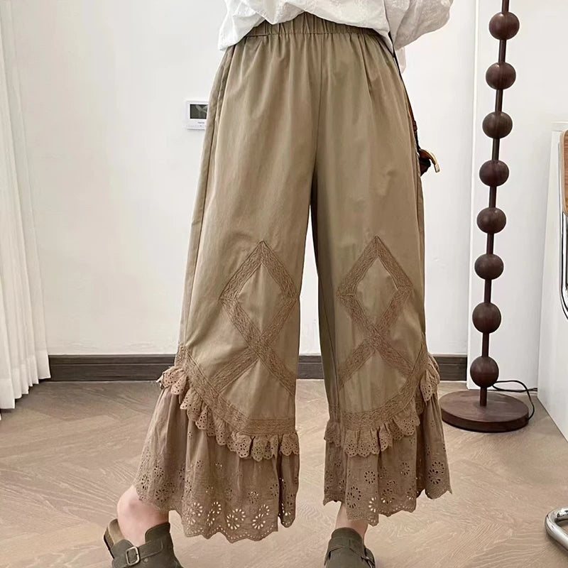 Mori Girl Eyelet Ruffle Flare Trousers in Antique Cream