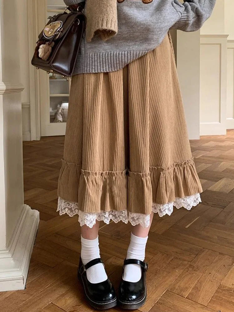 Mori Girl Ashen Ruffle & Lace Midi Skirt