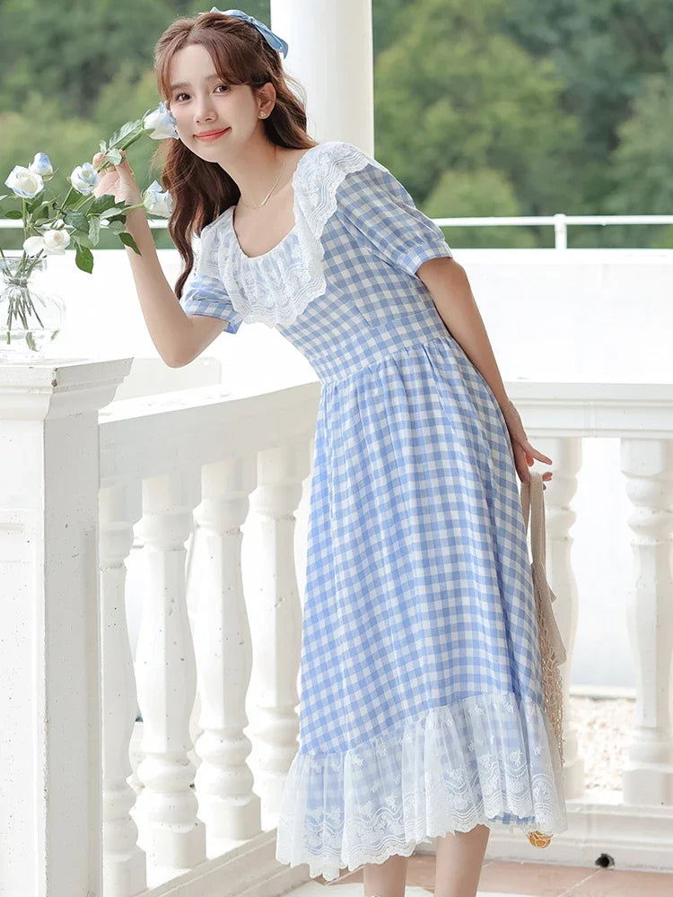 Cottagecore Plaid Lace Ruffle Midi Dress