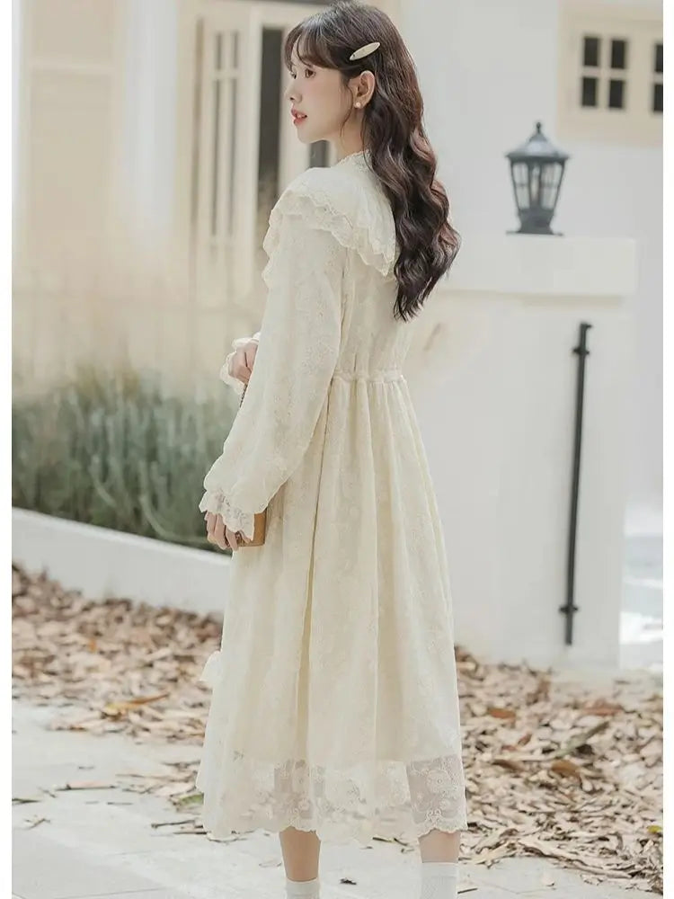 Mori Girl Pressed Flower Lace Midi Dress