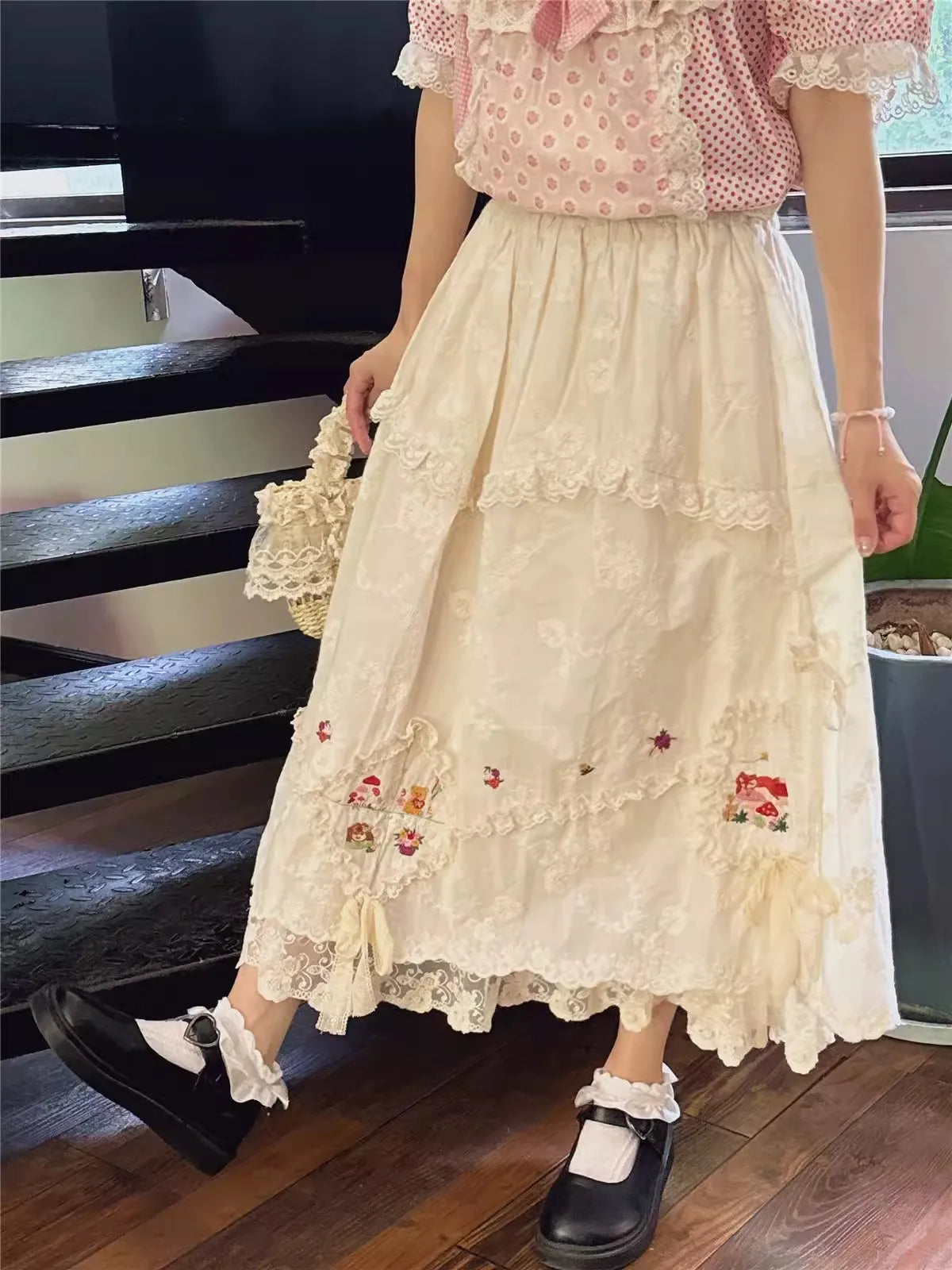 Mori Girl Embroidered Lace Skirt