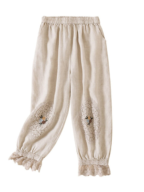 Pantalones tobilleros bordados de encaje Cottagecore