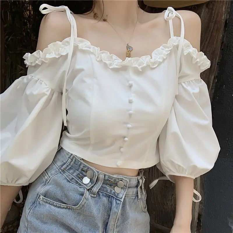 Romantic Puff Sleeve Tie-Shoulder Blouse