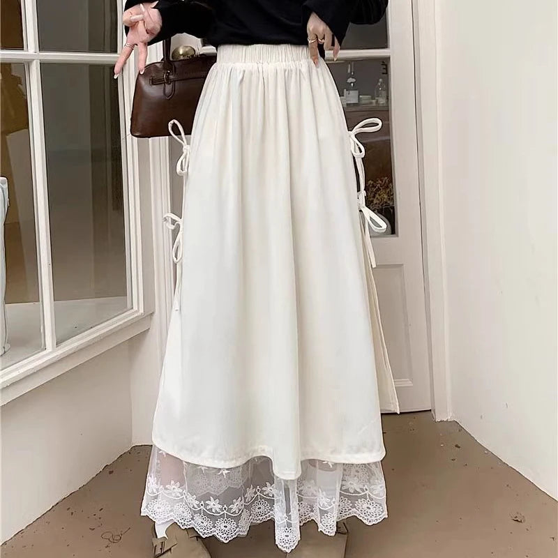 Fairycore Ivory Ribbon-Tied Lace Hem Maxi Skirt