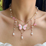 Fairycore Pink Butterfly Pearl Necklace