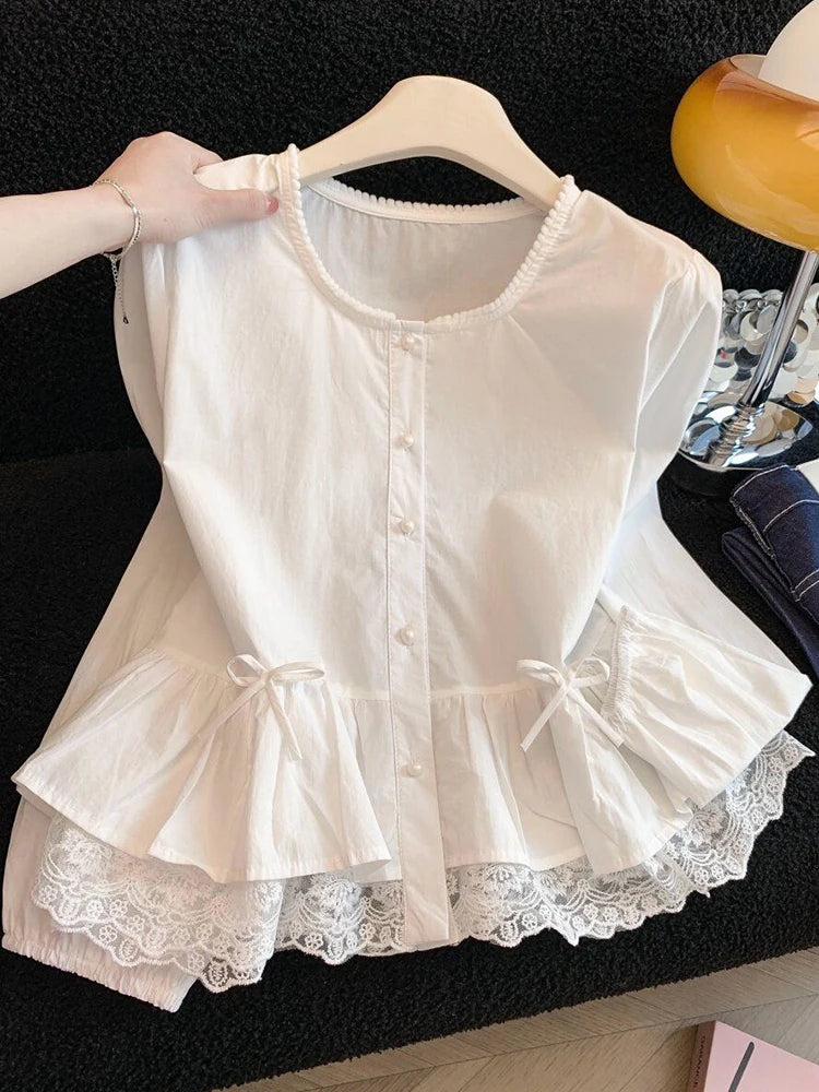 Fairycore Pearl Trim Lace Peplum Blouse