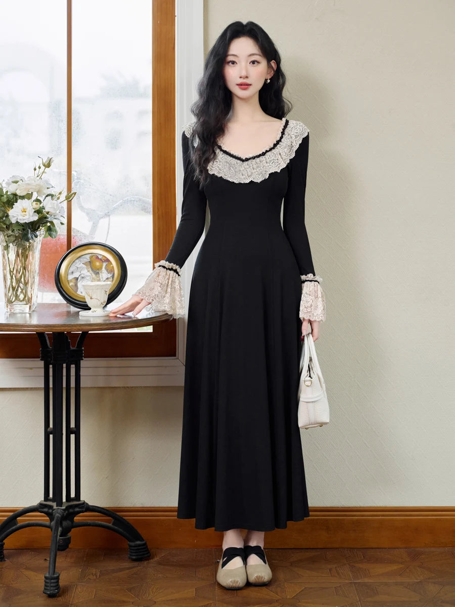 Dark Cottagecore Lace Collar Flare Sleeve Dress