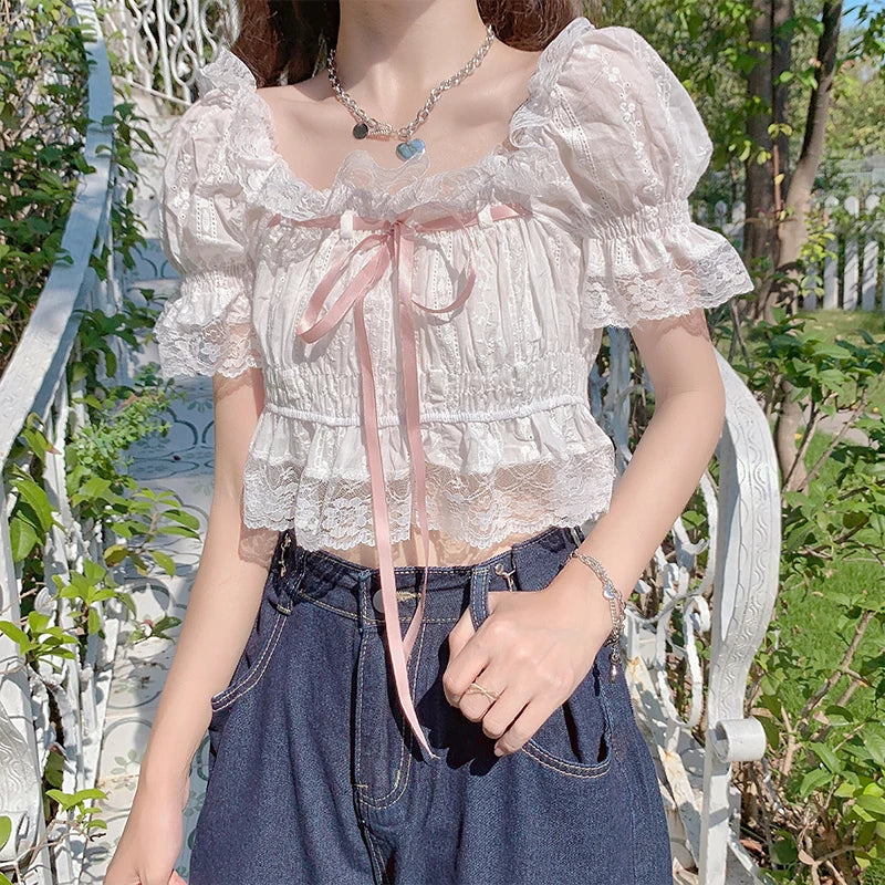 Fairycore Ribbon-Trim Lace Blouse