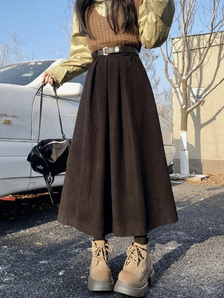 Vintage Dark Brown Pleated Midi Skirt